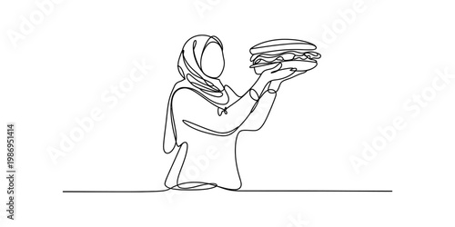 Continuous single line drawing of a woman wearing a hijab holding a delicious burger in her hands Vector, illustration