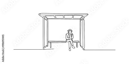 A continuous line drawing of a person wearing a hat sitting alone at a quiet city bus stop bench Vector, illustration