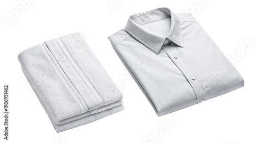A neatly folded white shirt and towel on transparent background