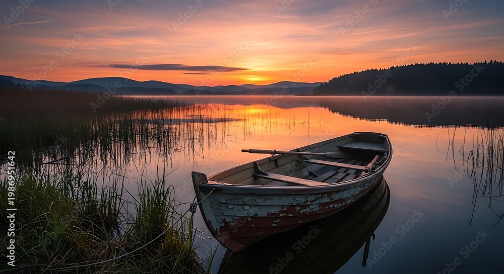 Obraz premium A serene boat rests on a lake at sunrise; vibrant hues illuminate the tranquil scene