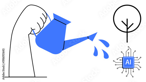 Artificial intelligence, sustainability, innovation, digital solutions, technology transformation, growth. A hand holds a watering can with drops, a tree and a circuit with AI text. AI