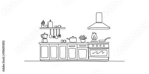A simple black and white line drawing of a modern kitchen counter with cooking utensils and stove. Vector, illustration