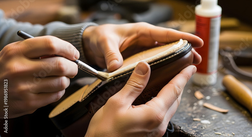 Close-up of a cobbler carefully applying glue to the sole of a shoe during a repair process