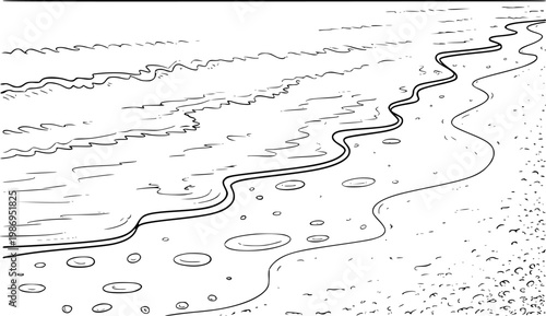 Black and white line of gentle waves washing onto a sandy beach with small puddles