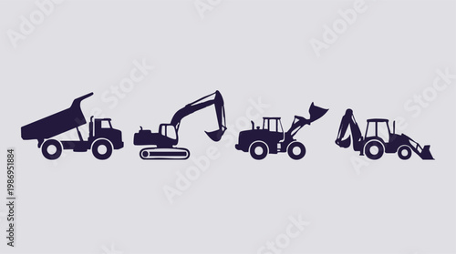 Silhouettes of diverse construction vehicles: dump truck, excavator, loader, backhoe