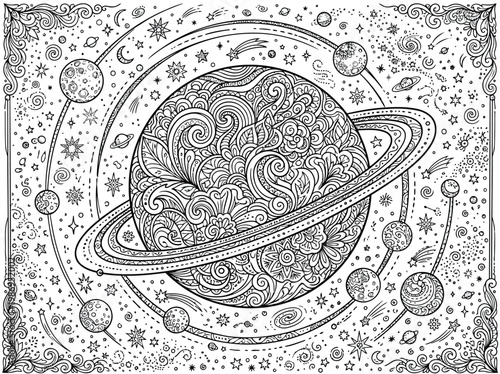 Zentangle stylized planet with rings, stars, comets and galaxies hand drawn vector illustration for coloring book page for adults and kids space background with celestial bodies and cosmic elements
