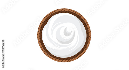 Smooth white yogurt with a central swirl is presented in a rustic dark brown wooden bowl from a direct top-down perspective on a white background now.