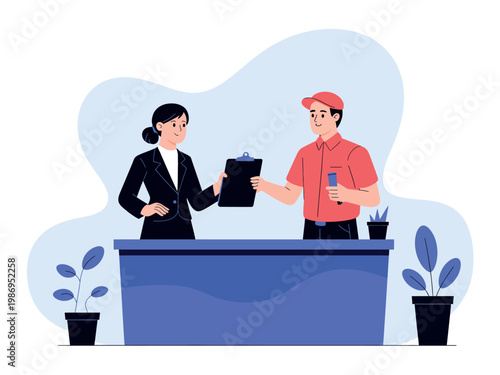 A smiling delivery man handing a clipboard to a receptionist at a front desk with plants