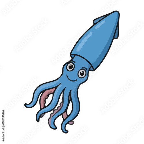 Cute Blue Cartoon Squid Mascot Illustration Isolated on White