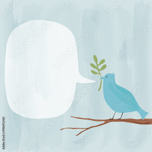 Peace dove light blue color carrying olive bouquet on the branch with blank speech bubble watercolors painted childish style square template