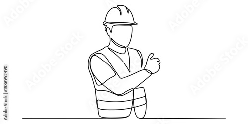 A single continuous line drawing of a construction worker wearing a safety helmet and vest gear Vector, illustration