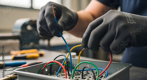 Skilled technician wearing protective gloves diligently connects colorful electrical wires to a circuit board, ensuring precise and safe installation during an industrial maintenance operation