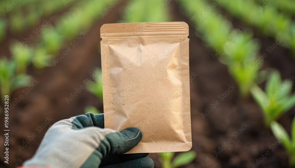 Fototapeta premium Gardener holds blank seed packet in hand wearing glove. Rows of green seedlings grow in rich dark earth. Concept for planting new crops in farm field.