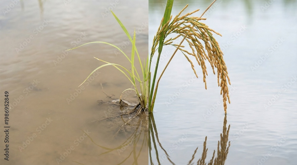 Obraz premium Rice Plant Growth Stages in Paddy Field Transformation