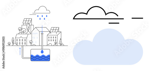 Environment, sustainability, water conservation, renewable energy, eco-friendly living, urban planning. Rainwater harvesting system with buildings, solar panels and water reservoir. Environment