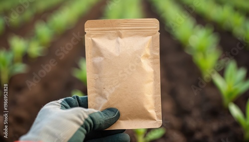Gardener holds blank seed packet in hand wearing glove. Rows of green seedlings grow in rich dark earth. Concept for planting new crops in farm field.
