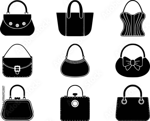 Collection of black silhouette of diverse women's handbags and purses white background