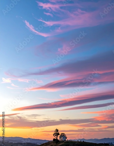 A serene shot showcasing a colorful sky during dusk. A small structure sits atop a hill as the sun casts warm hues