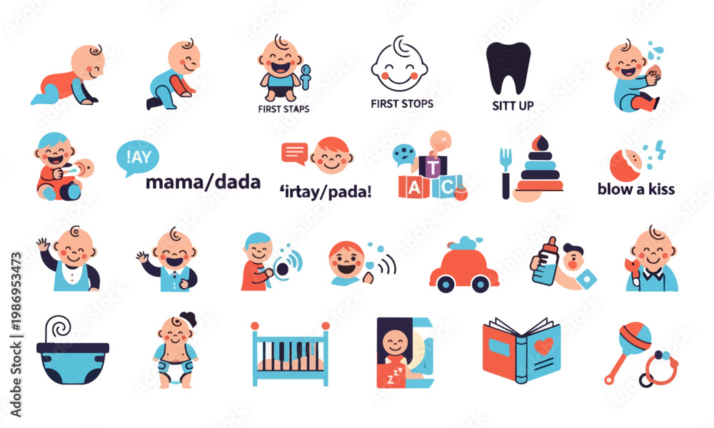 Fototapeta premium Baby Milestones Icons Set – Colorful Bold Flat Vector Icons for Development Tracking