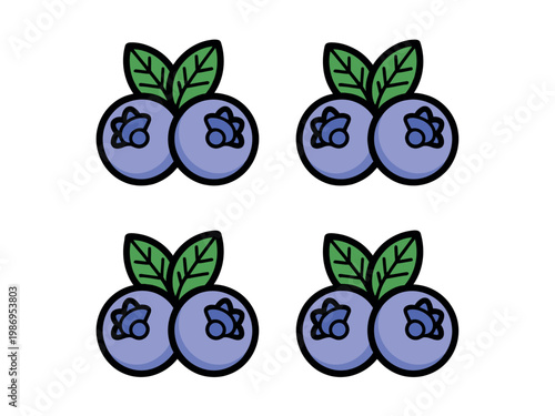 A colorful illustration of blueberries with green leaves on a white background