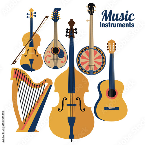 Variety of musical instruments displayed in a colorful and playful illustration style.