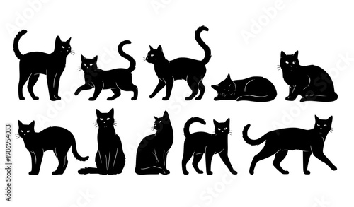 Minimal black cat silhouette collection with cute feline poses in flat vector style isolated on white