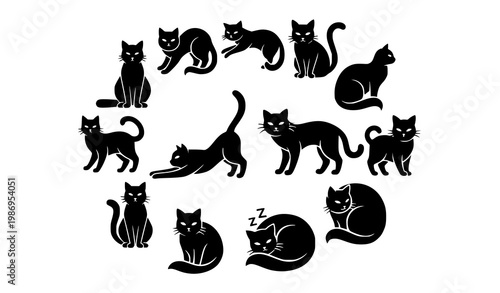 Black cat silhouette icon set with stylized feline shapes in different poses isolated on white background