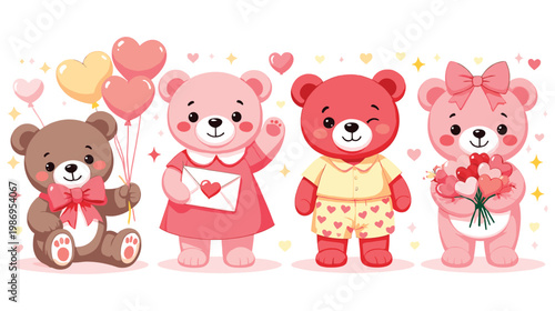 Cute teddy bears celebrating valentine's day with hearts and balloons.