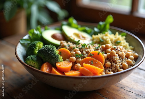 A vibrant, close-up photograph of a vegan buddha bowl filled with a variety of fresh, colorful ingredients.