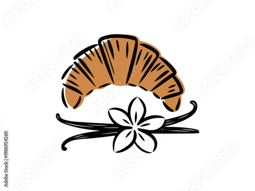 Hand-drawn of a golden croissant with vanilla bean and flower white background pastry