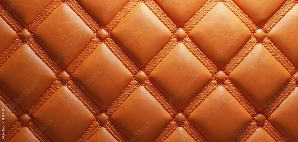 Fototapeta premium Brown orange diamond quilted texture. Stitched geometric pattern on smooth material surface. Luxury soft padding with repeating design, vintage style.