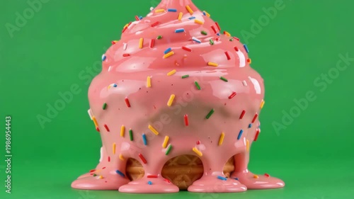 Melting pink ice cream cone, vibrant dessert with colorful sprinkles, sweet summer treat, delicious snack for hot weather.