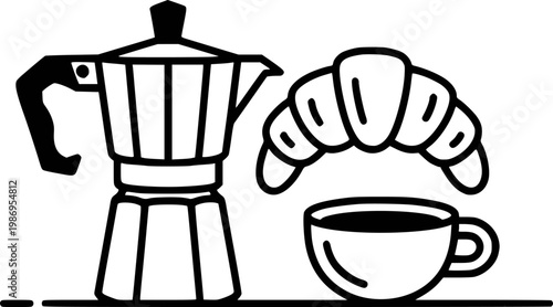 Italian moka pot, croissant, and coffee cup simple black and white line
