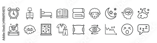 Collection of outline icons representing elements related to sleep and rest
