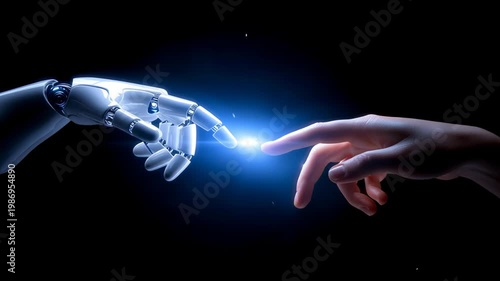 Human Hand and Robotic Hand Nearly Touching Against a Dark Background Creates a Moment of Connection in a Futuristic Setting