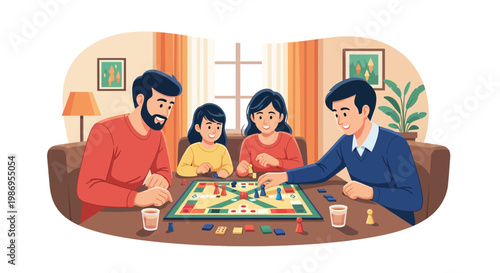 Family enjoys board game together in living room during afternoon hours