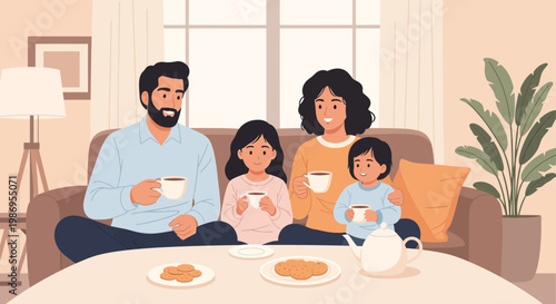 Family enjoys warm drinks and cookies together in a cozy living room during afternoon