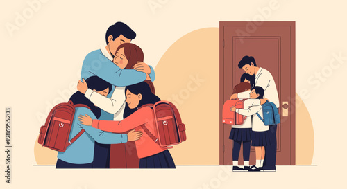 Parents and children share hugs at home after school in a cheerful setting during afternoon hours