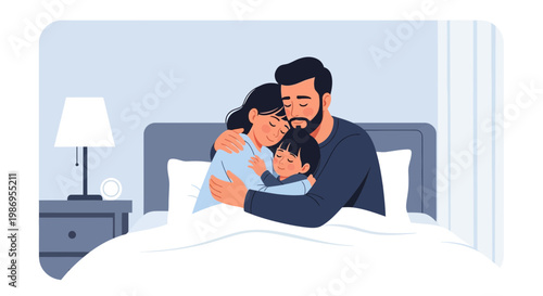 Family enjoying a bedtime moment together while resting in their cozy bedroom at night