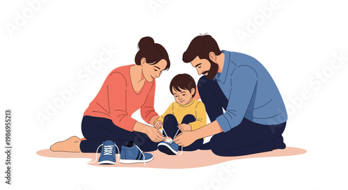Parents help child tie shoelaces while sitting on floor in cozy indoor space on a sunny day