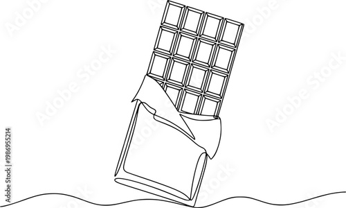 Minimalist single line of a chocolate bar with wrapper white background, candy sweet