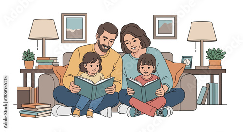 Family enjoys reading together at home in a cozy living room during a weekend afternoon