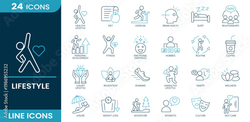 Lifestyle icon set. Exercise, sleep, fitness, relaxation, running, habits, wellness, weight loss, self care, healthy lifestyle, diet. Line vector icons.