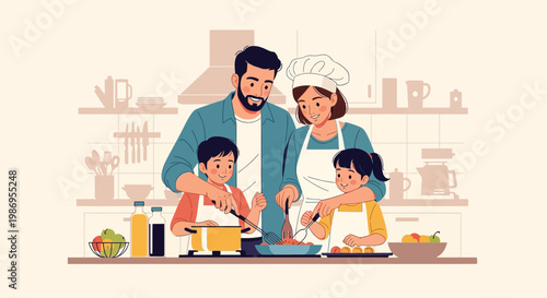 Family cooks together in kitchen with children helping to prepare food and learn cooking skills during a weekend afternoon at home