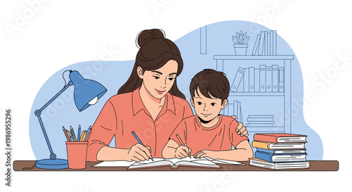 Mother helps son with schoolwork in a study area filled with books and a desk lamp