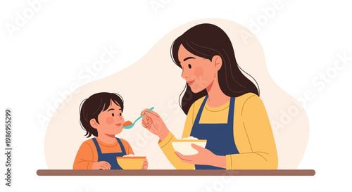 Mother feeds child in kitchen during midday meal with bowls and spoon while dressed in aprons