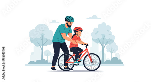 Father helps child ride bike in park during sunny day