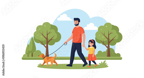 Father and daughter walk their dog in a park on a sunny day while enjoying nature and spending time together