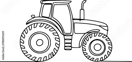 Simple black line tractor white background, isolated vehicle agriculture farm machine
