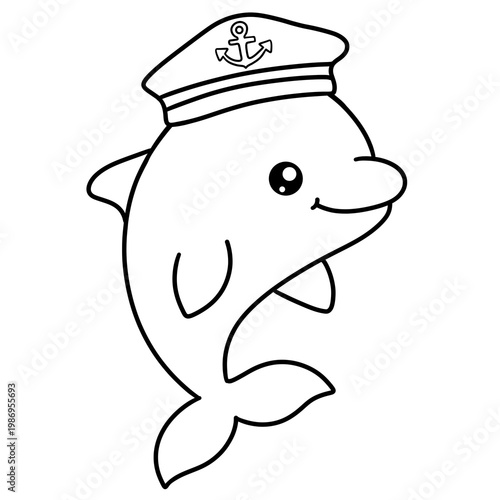 Cute sailor dolphin black doodle outline.